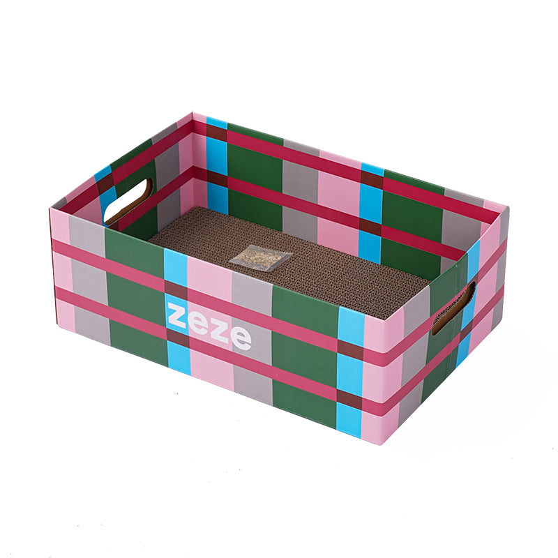 zeze Checkered Cardboard Cat Scratcher Box — Lounger, Scratch Pad & Catnip