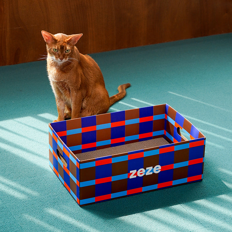 zeze Checkered Cardboard Cat Scratcher Box — Lounger, Scratch Pad & Catnip