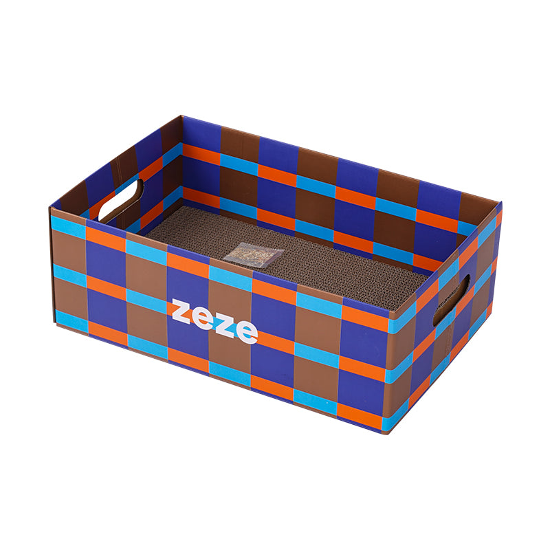 zeze Checkered Cardboard Cat Scratcher Box — Lounger, Scratch Pad & Catnip