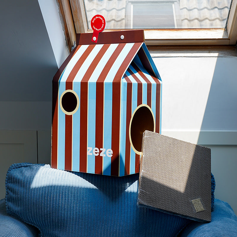 zeze Milk Carton Cardboard Cat House — Striped Scratcher & Hideaway (55.5 cm)