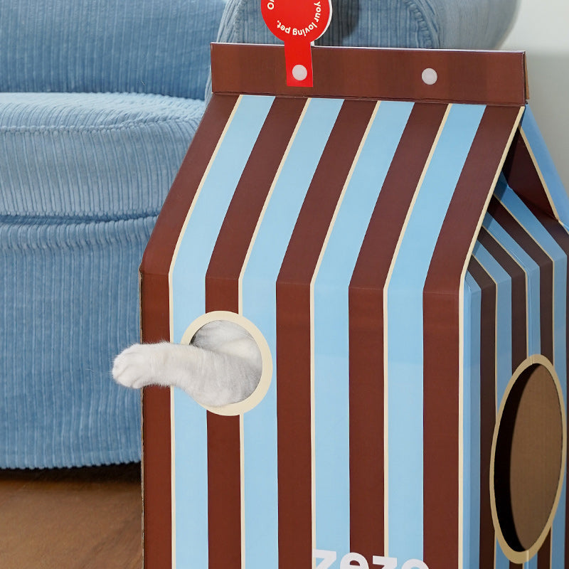 zeze Milk Carton Cardboard Cat House — Striped Scratcher & Hideaway (55.5 cm)