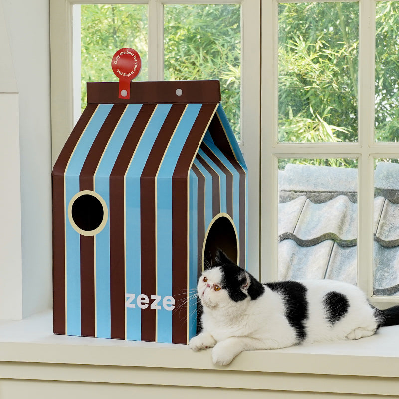 zeze Milk Carton Cardboard Cat House — Striped Scratcher & Hideaway (55.5 cm)