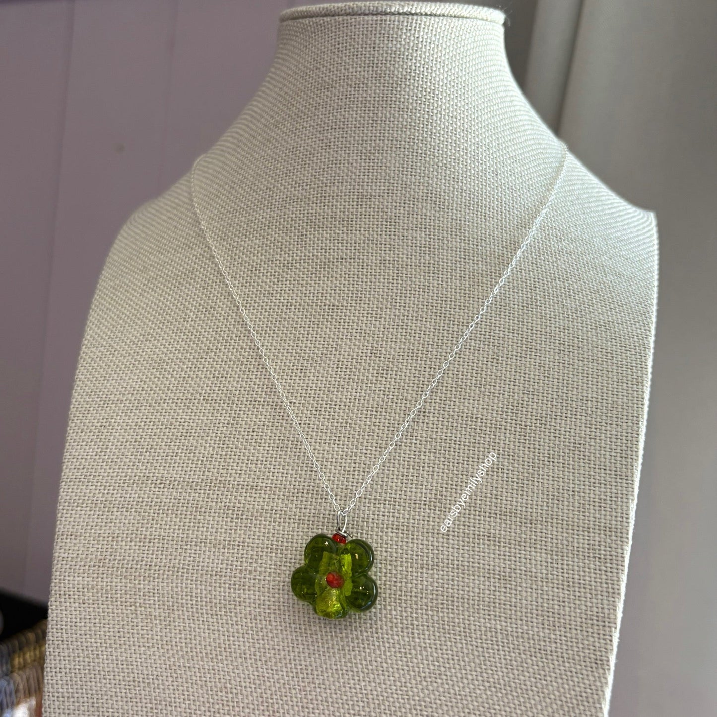 Cool green glass flower necklace on sterling silver chain