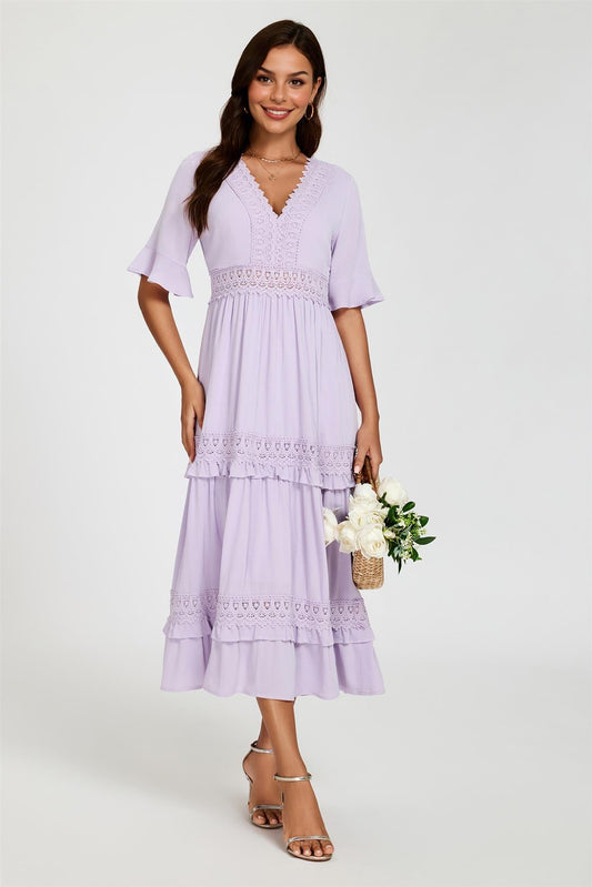V Neck Lace Detail Midi Dress In Purple