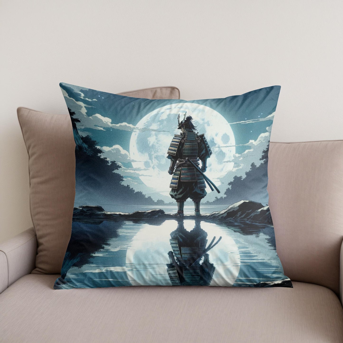 Moonlit Samurai Reflection Cotton Cushion