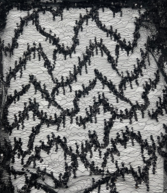 Black Sequin Detail Tulle Net Mesh Fabric Stretch