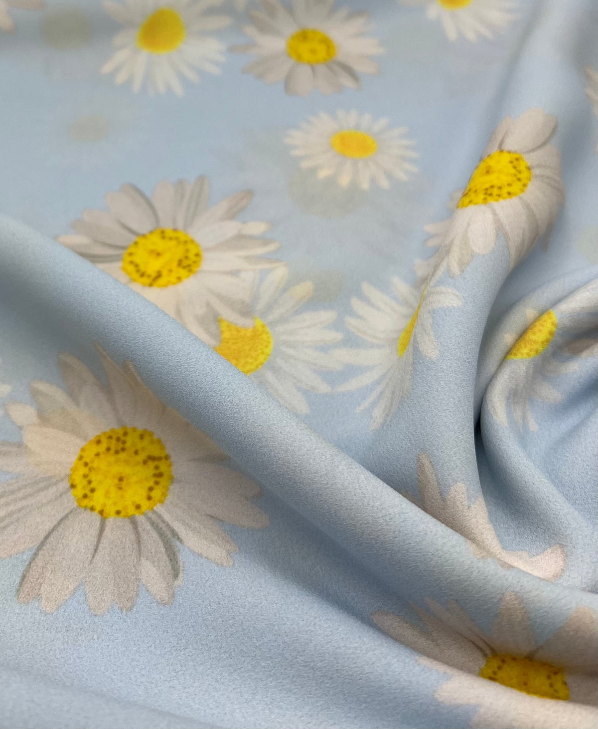 Sky Blue Daisy Lightweight Crepe Fabric 120GSM Non Stretch