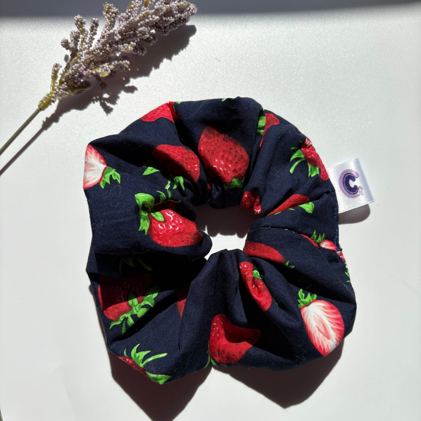 Cool navy blue and red strawberry large hair scrunchie