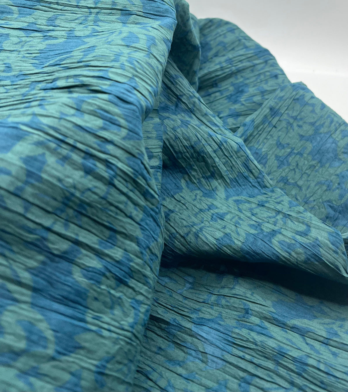 Teal Green Floral Crinkled Lightweight Non Stretch Fabric