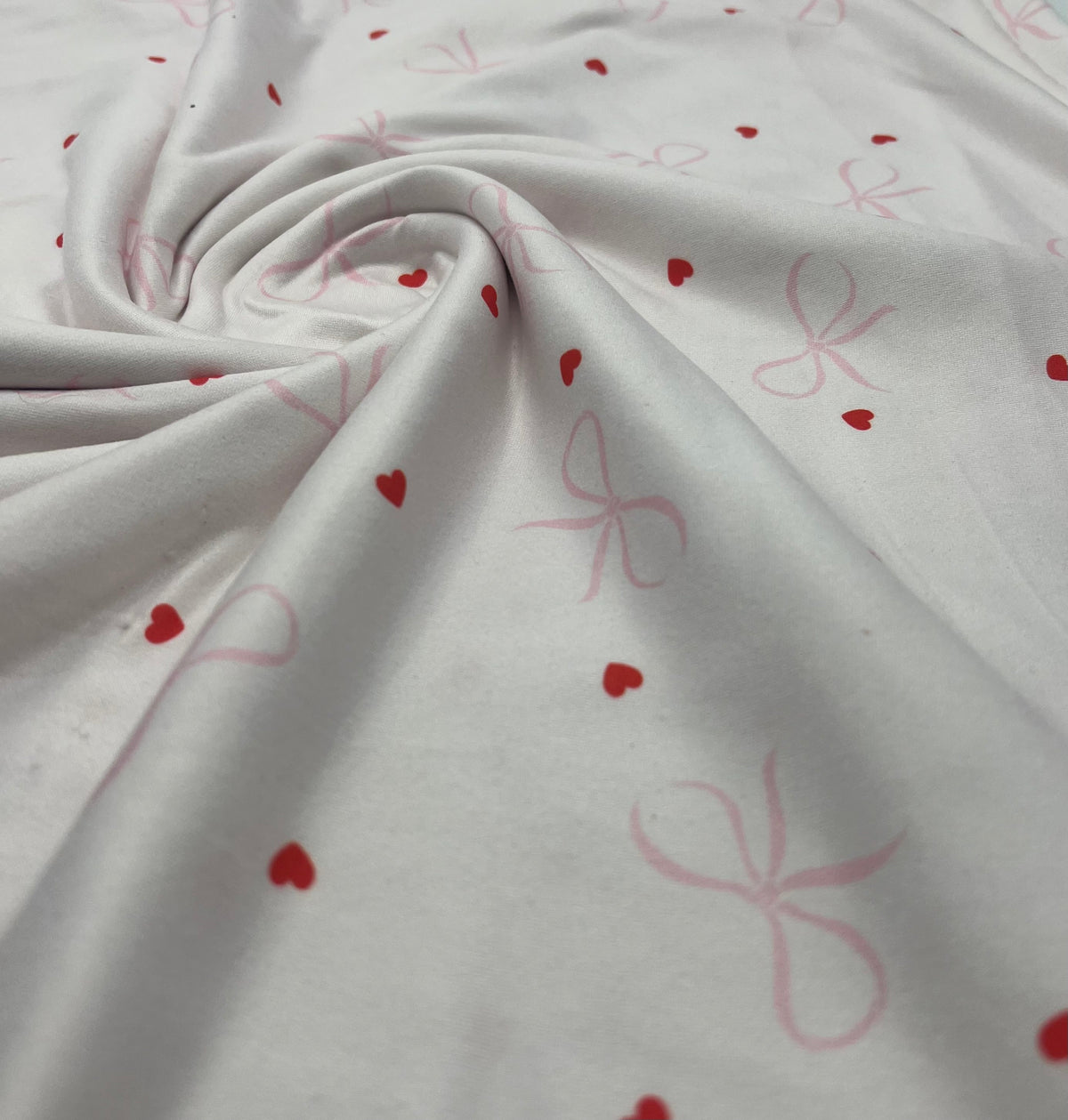 Soft Pink Heart Bow Super Soft Print Spun Poly Stretch Fabric