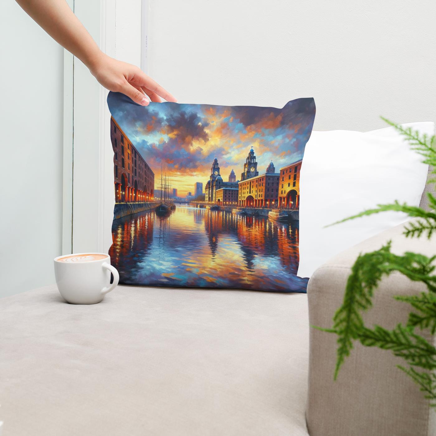 Liverpool Albert Dock Dusk Impression Cotton Cushion