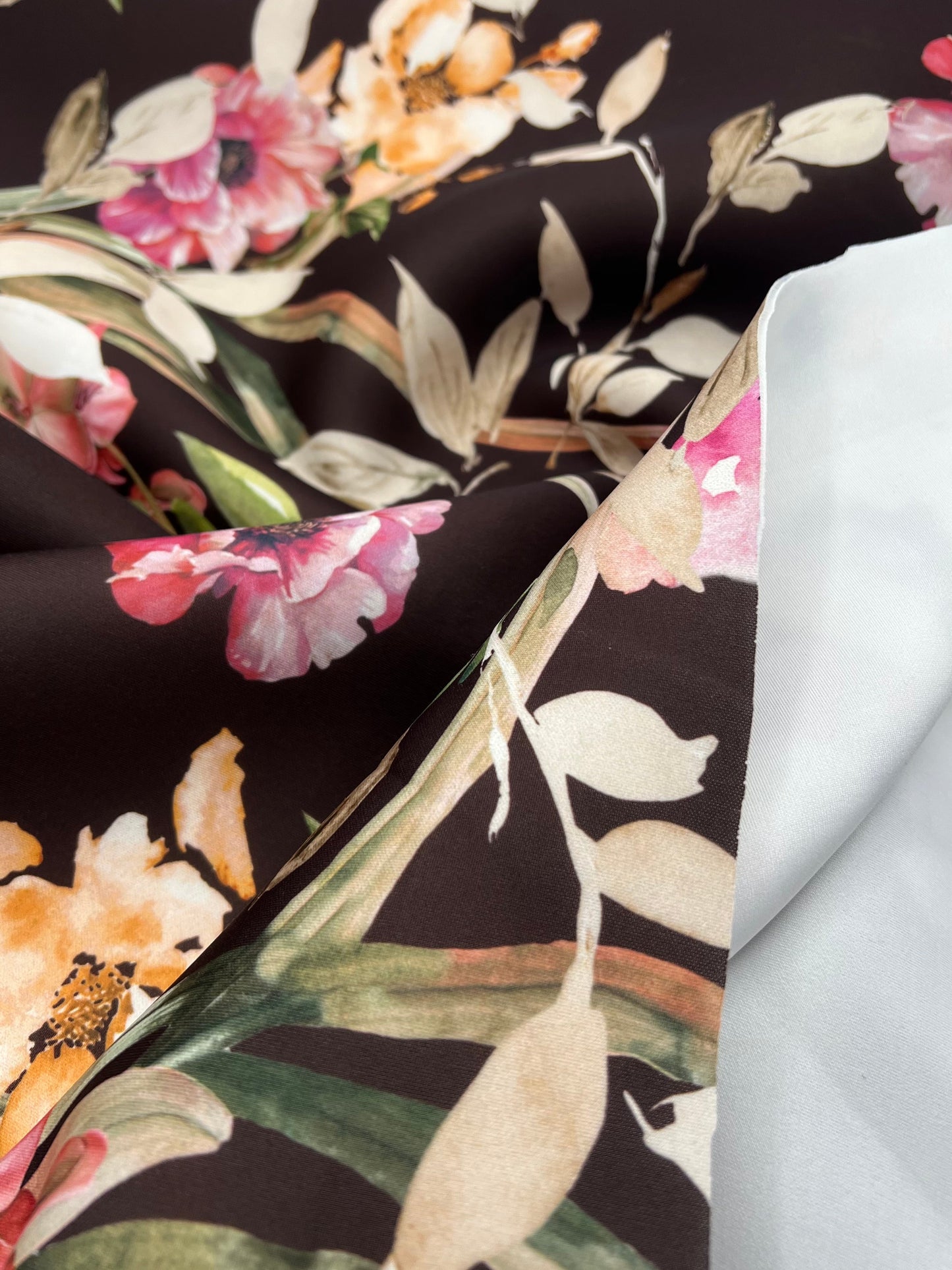 Brown Floral Scuba Foam 3D Mono Jersey Fabric 2 Way Stretch