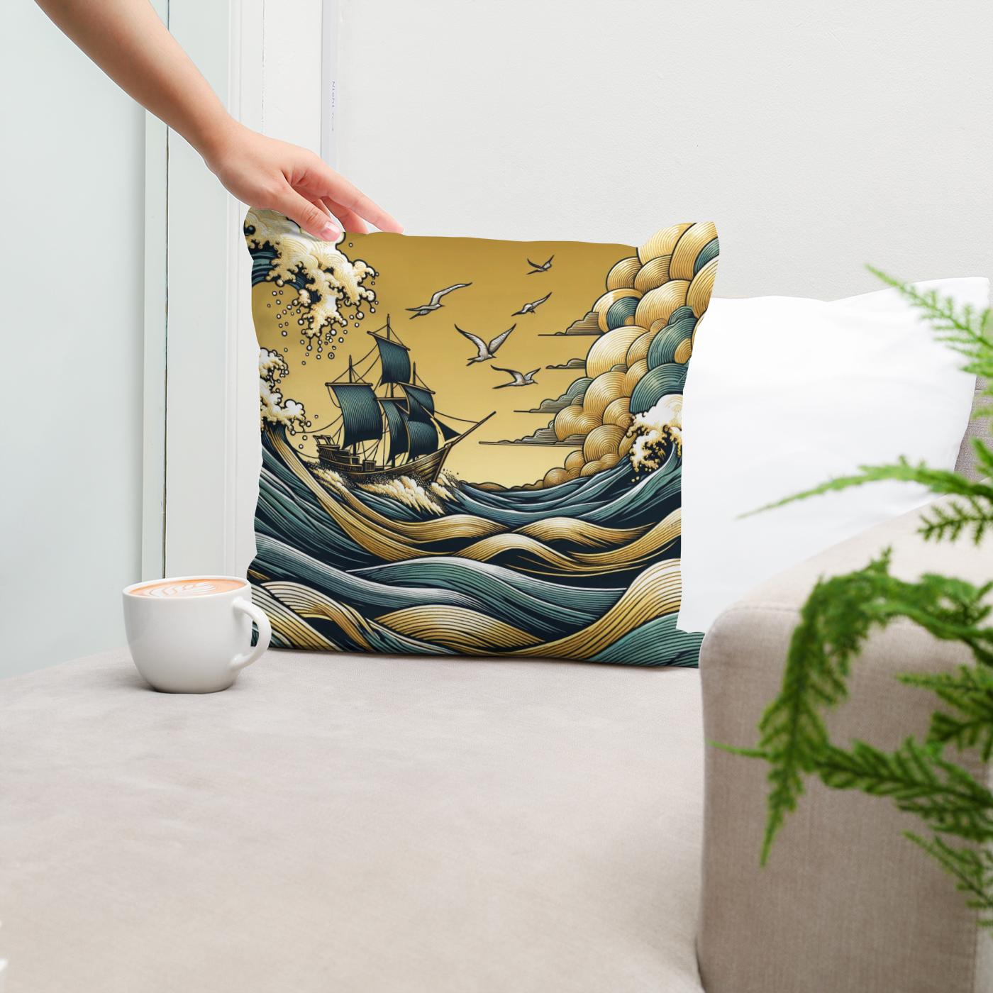 Golden Seascape Voyage Cotton Cushion