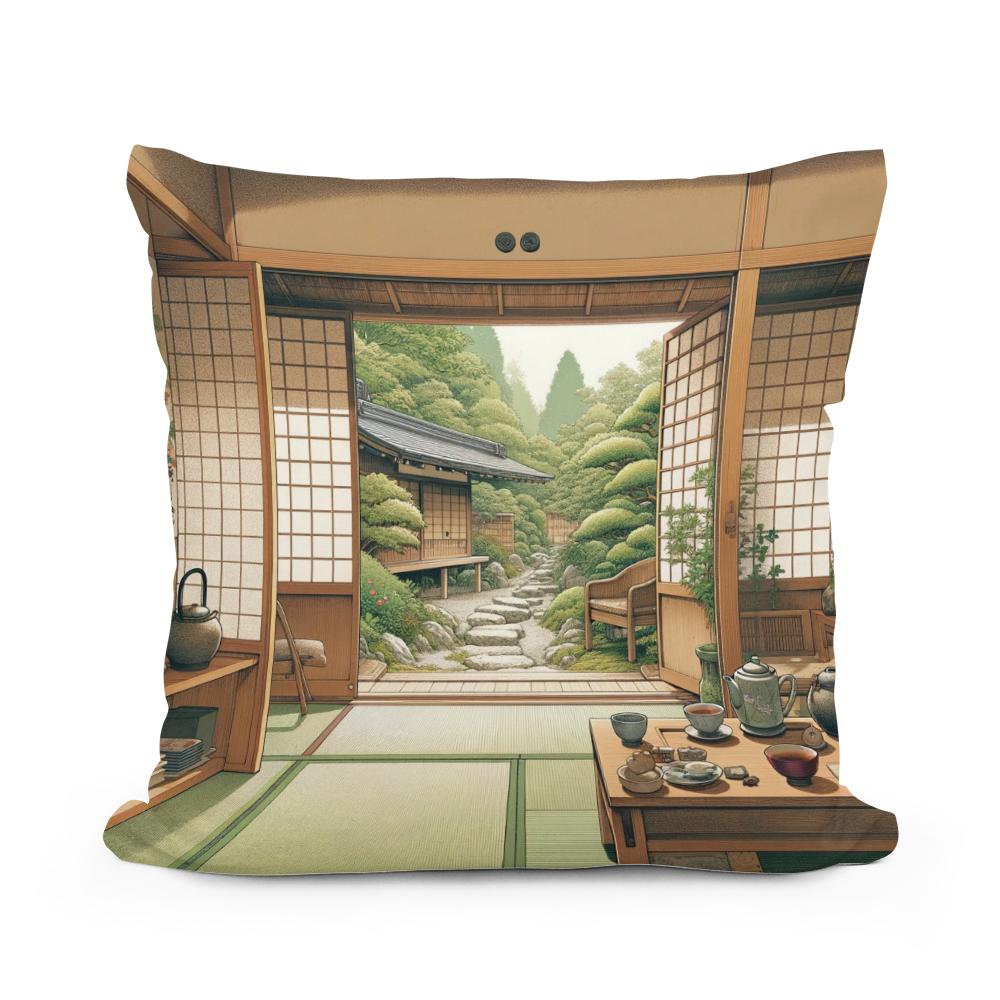 Serene Tea House Cotton Cushion