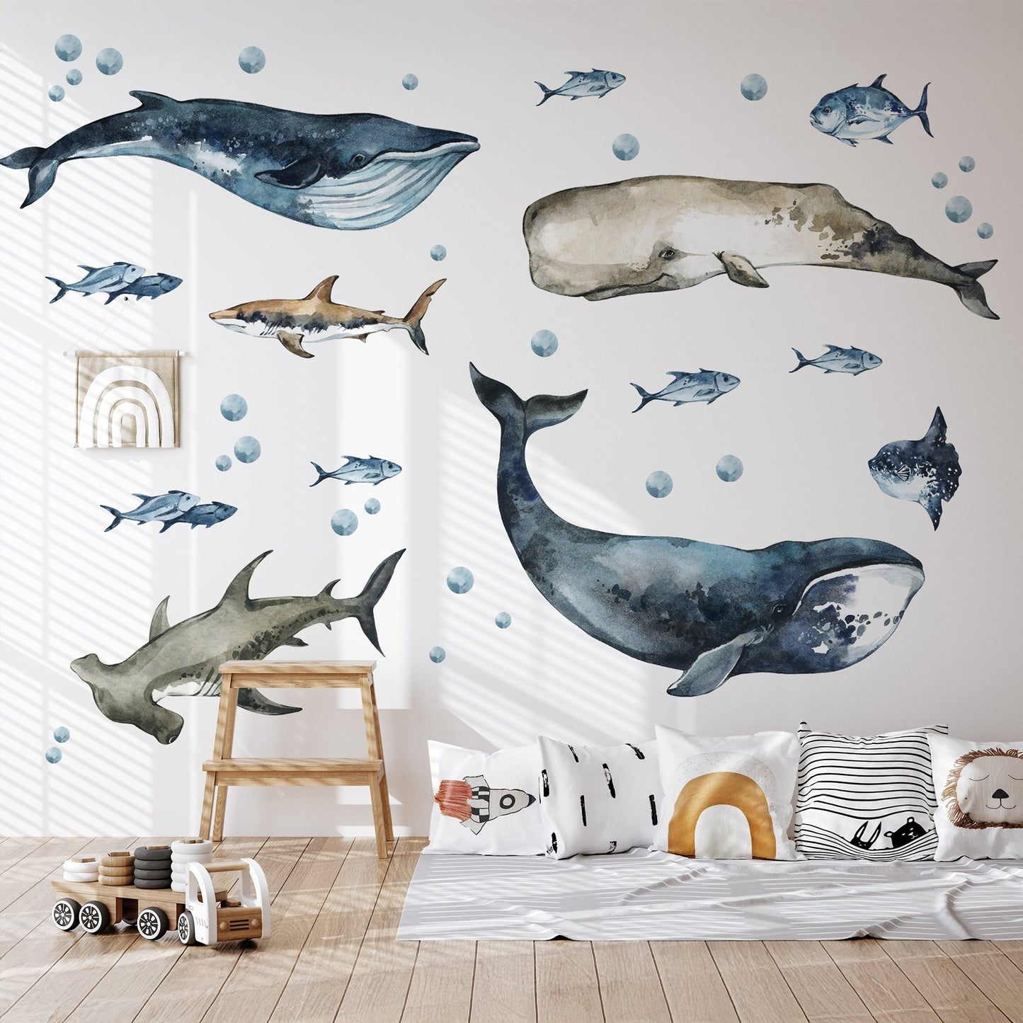 Sharks & Whales Decal Set - Sperm, Humpback, Blue, Hammerhead Shark + More - Watercolour Effect Stickers - Ocean Theme