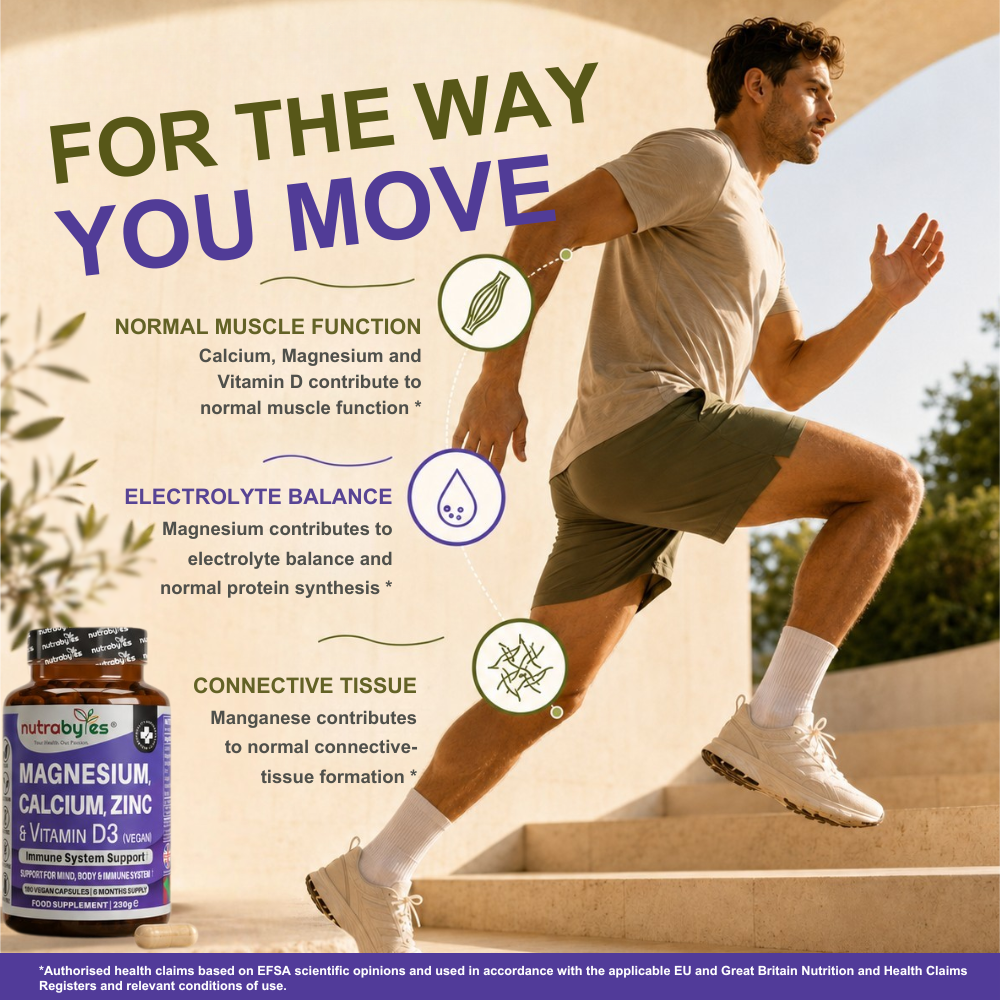Magnesium, Calcium, Zinc & Vitamin D3 (Vegan D3) | Advanced Immunity Support | 6 Months Supply | Made in the UK