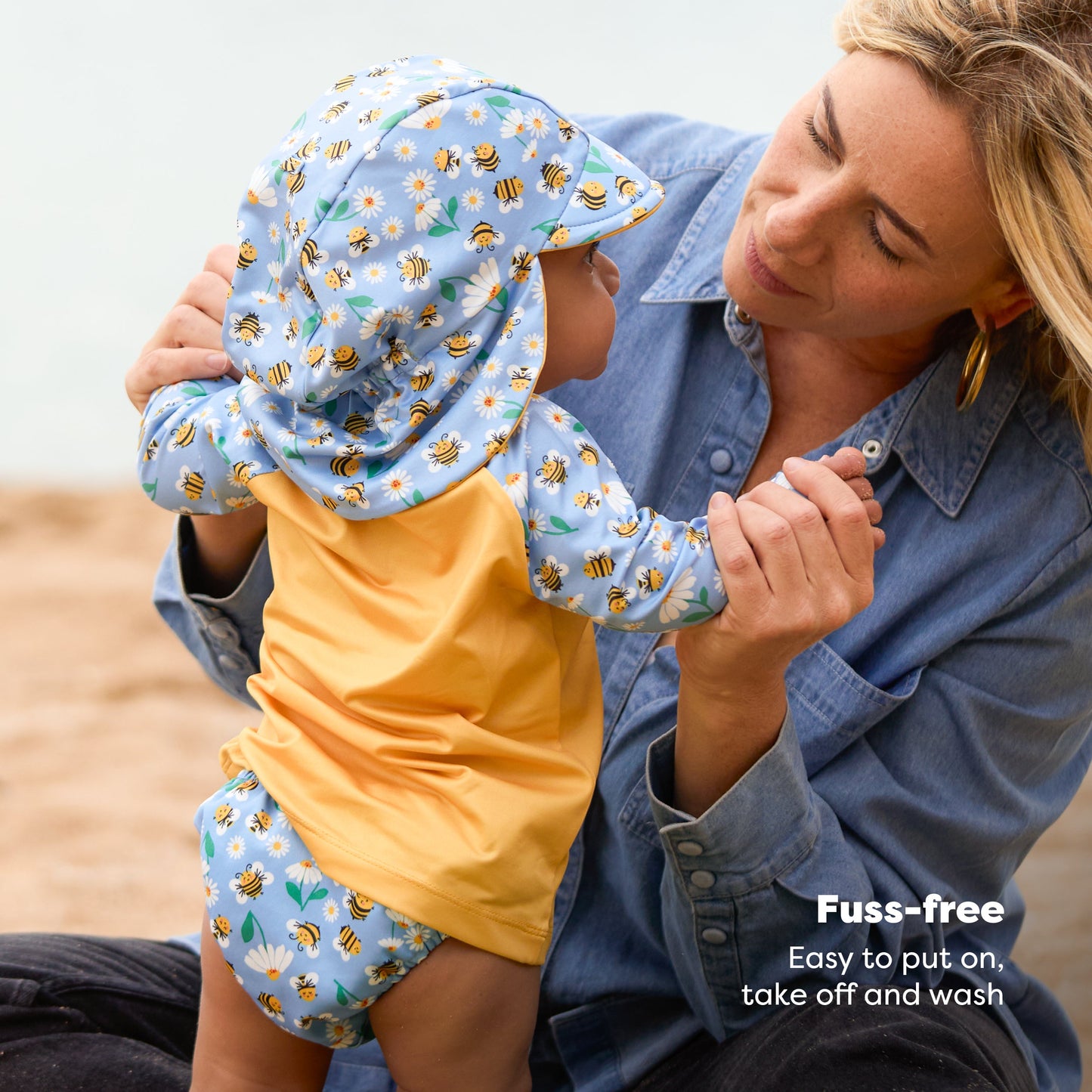 UPF 40+ Reversible Swim Hat for Babies and Toddlers in Busy Bees