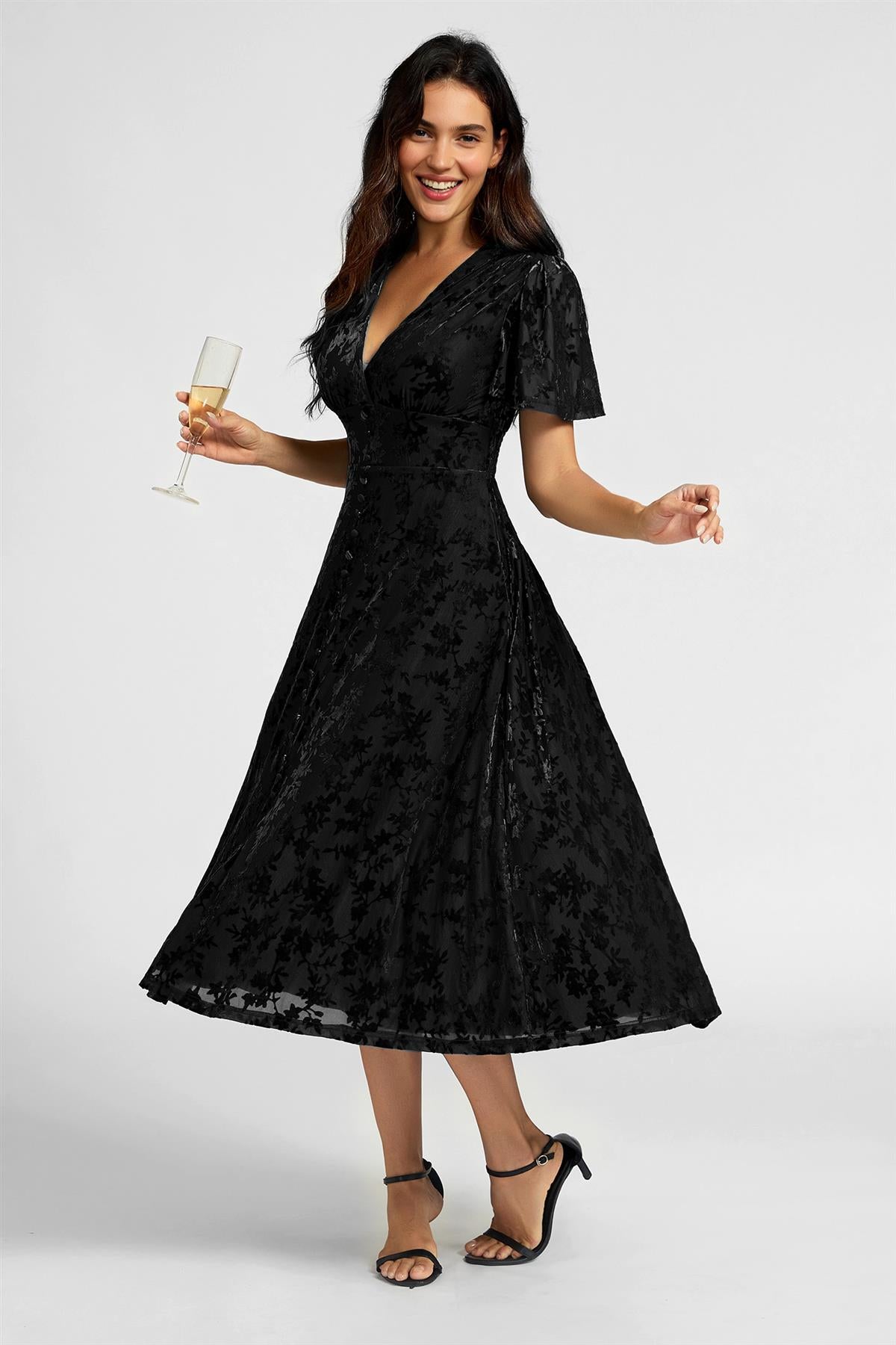 Floral Velvet Devore V neckline Dress In Black