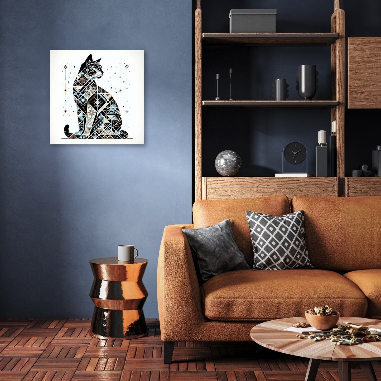Mystic Azure Feline Mosaic Canvas