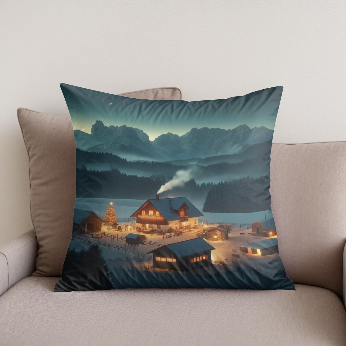 Mountain Farm Holiday Night Cotton Cushion