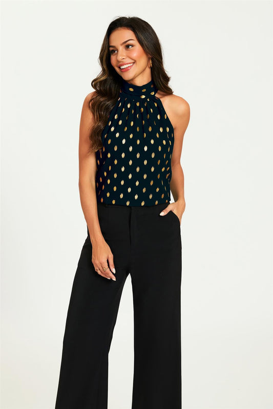 Gold Foil Halter Neck Tie Back Top In Black