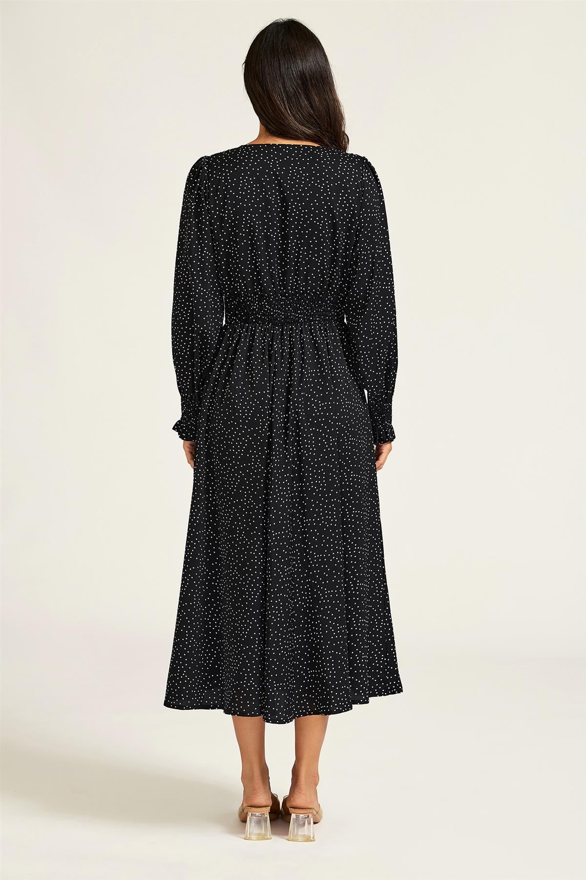 Polka Dot Print Long Sleeve Midi Dress In Black
