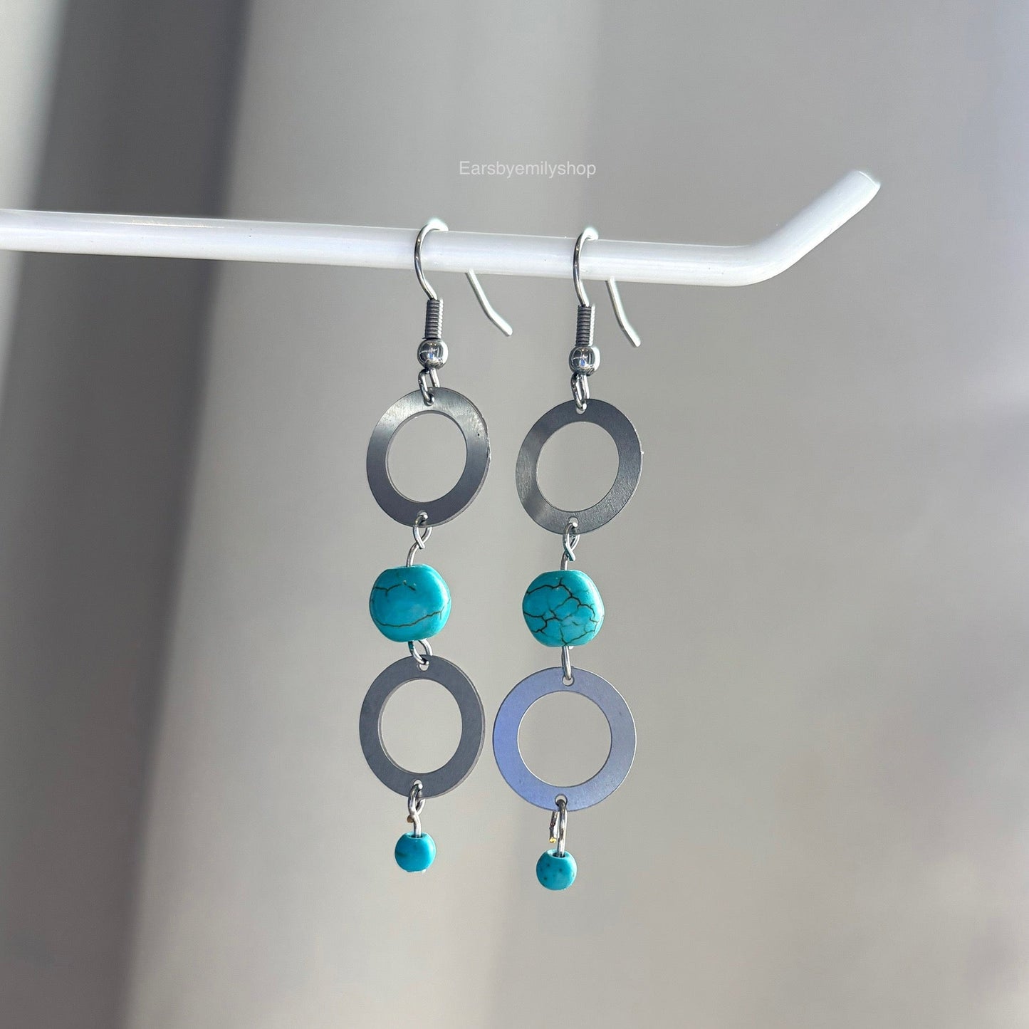 Stainless steel and turquoise blue bead statement dangle earrings
