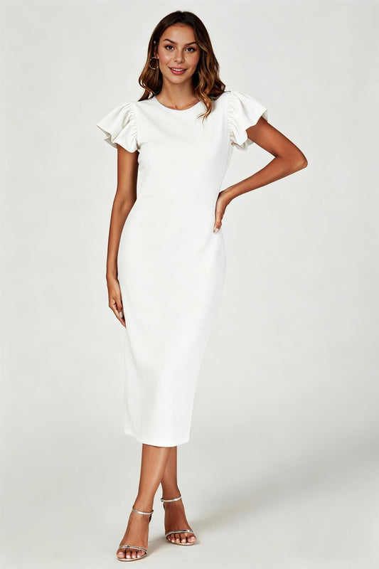 Volume Sleeve Bodycon Midi Dress In White