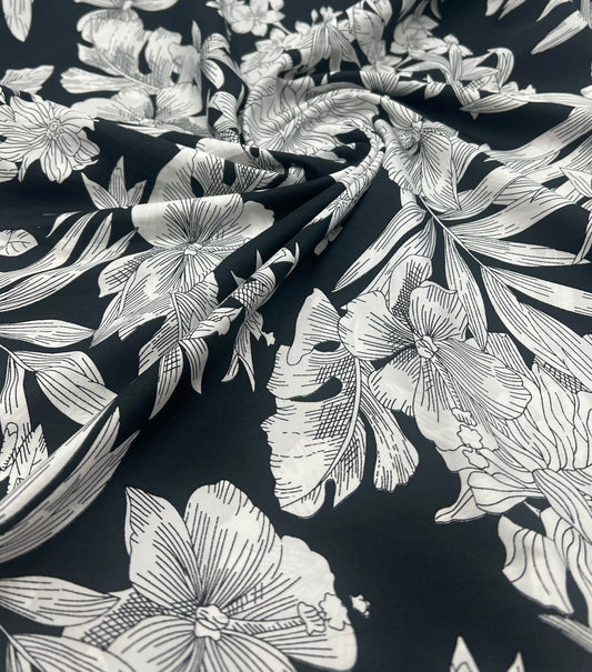 Black White Floral Lightweight Fabric 70GSM Non Stretch