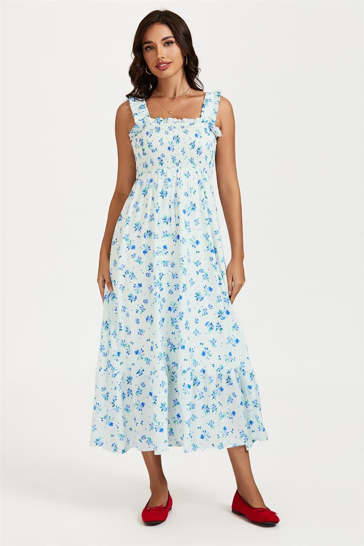 Floral Print Hem Detail Maxi Dress In White