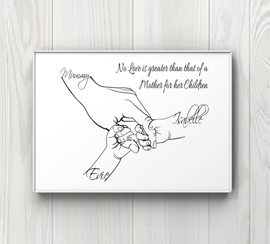 Personalised Mummy hand 2 children A4 Print UNFRAMED