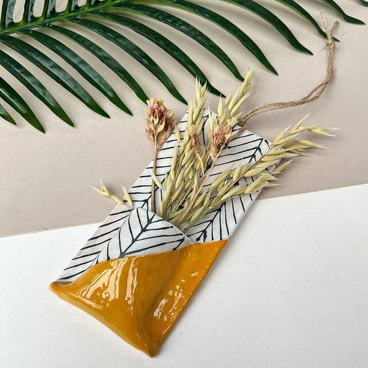 Mustard Herringbone Ceramic Hanging Vase