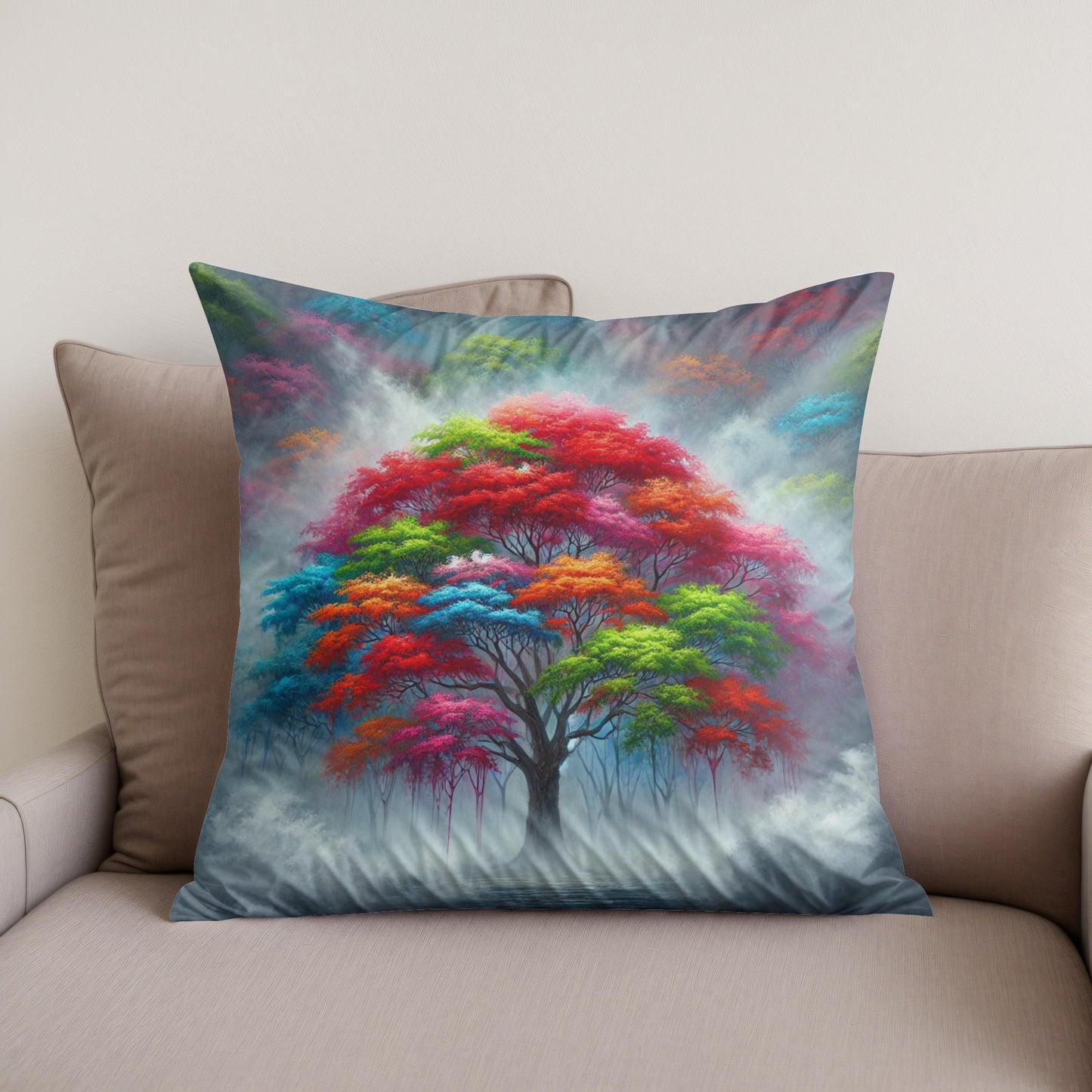 Vibrant Tree in Fog Cotton Cushion