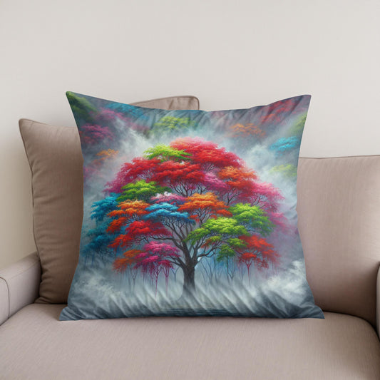 Vibrant Tree in Fog Cotton Cushion