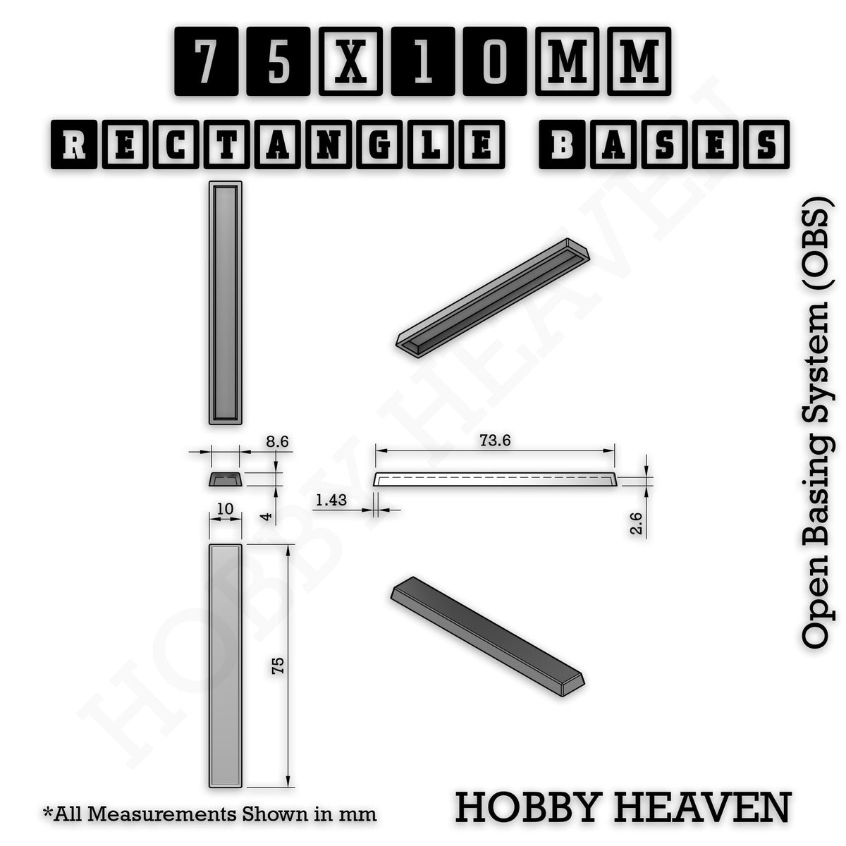 Rectangle Bases Medium Sizes - 75x30mm to 125x40mm and up to 100x90mm Wide - 3D Print Tabletop Games