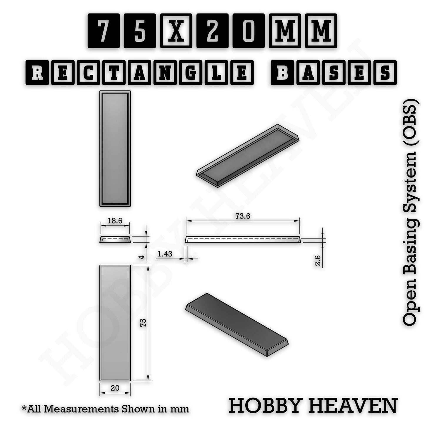Rectangle Bases Small Sizes - 20x15mm to 75x25mm and up to 60x50mm Wide - 3D Print Tabletop Games