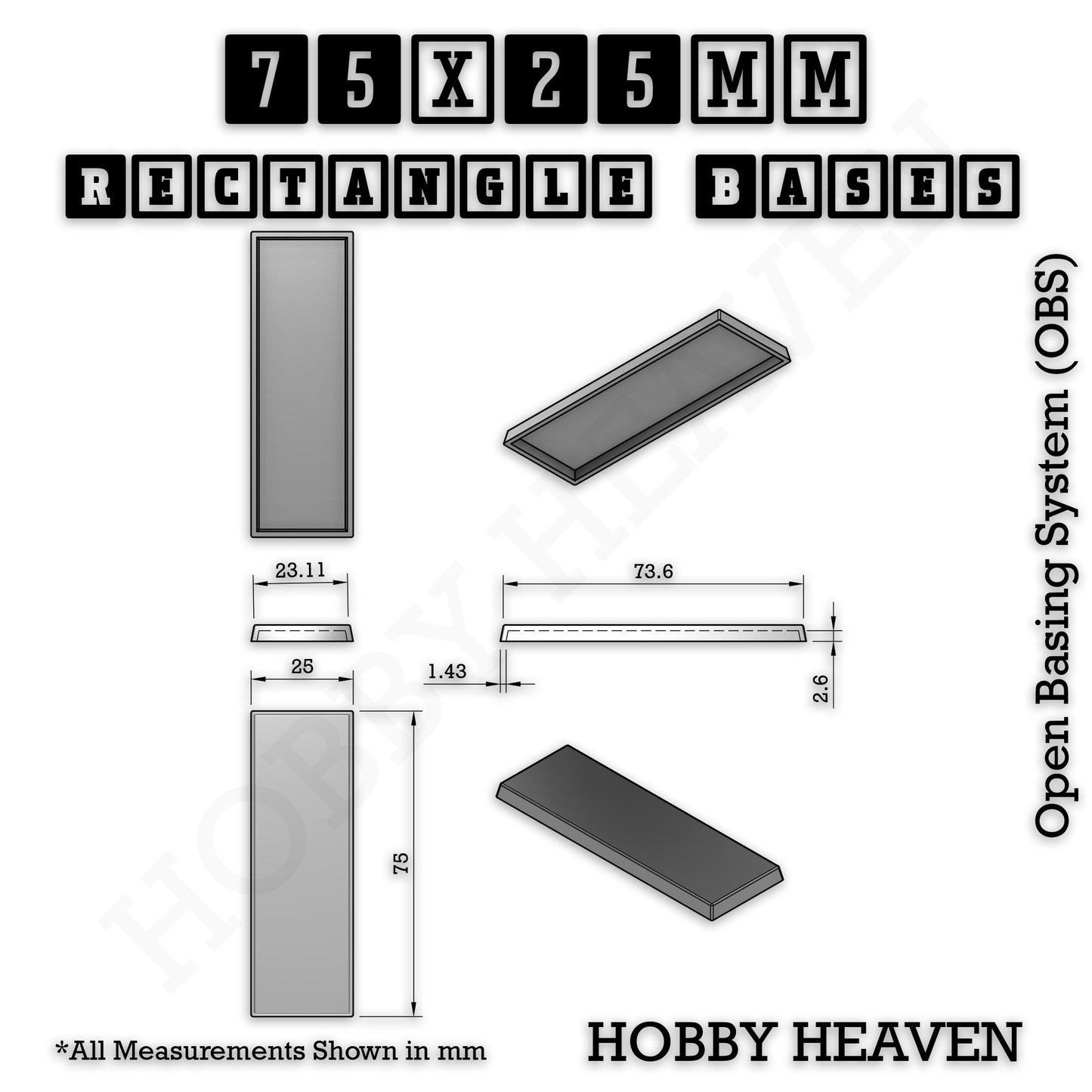 Rectangle Bases Small Sizes - 20x15mm to 75x25mm and up to 60x50mm Wide - 3D Print Tabletop Games