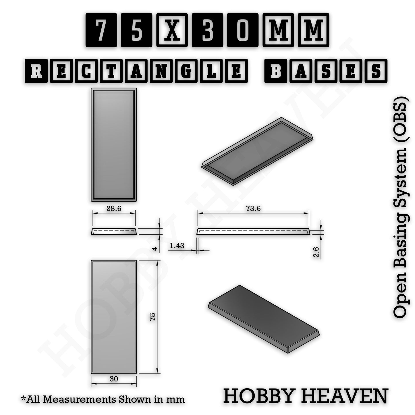 Rectangle Bases Medium Sizes - 75x30mm to 125x40mm and up to 100x90mm Wide - 3D Print Tabletop Games
