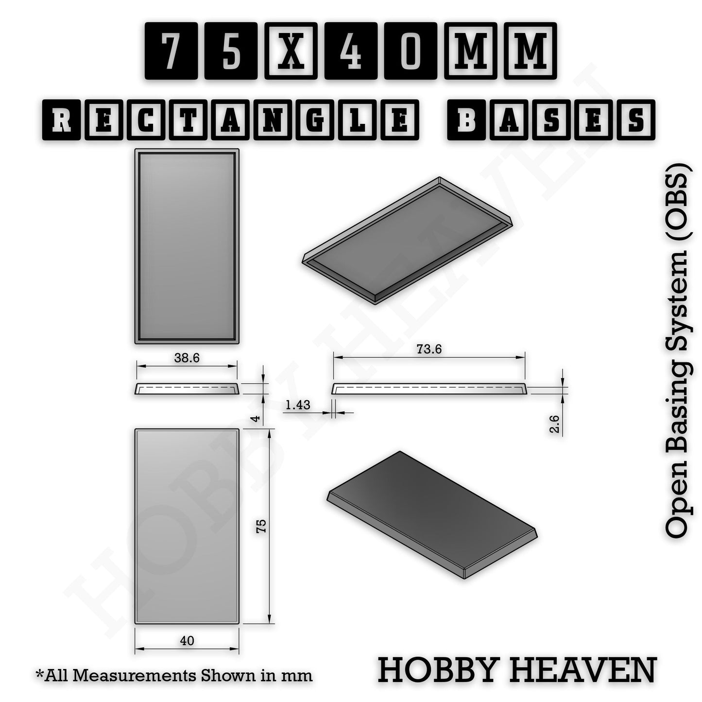 Rectangle Bases Medium Sizes - 75x30mm to 125x40mm and up to 100x90mm Wide - 3D Print Tabletop Games