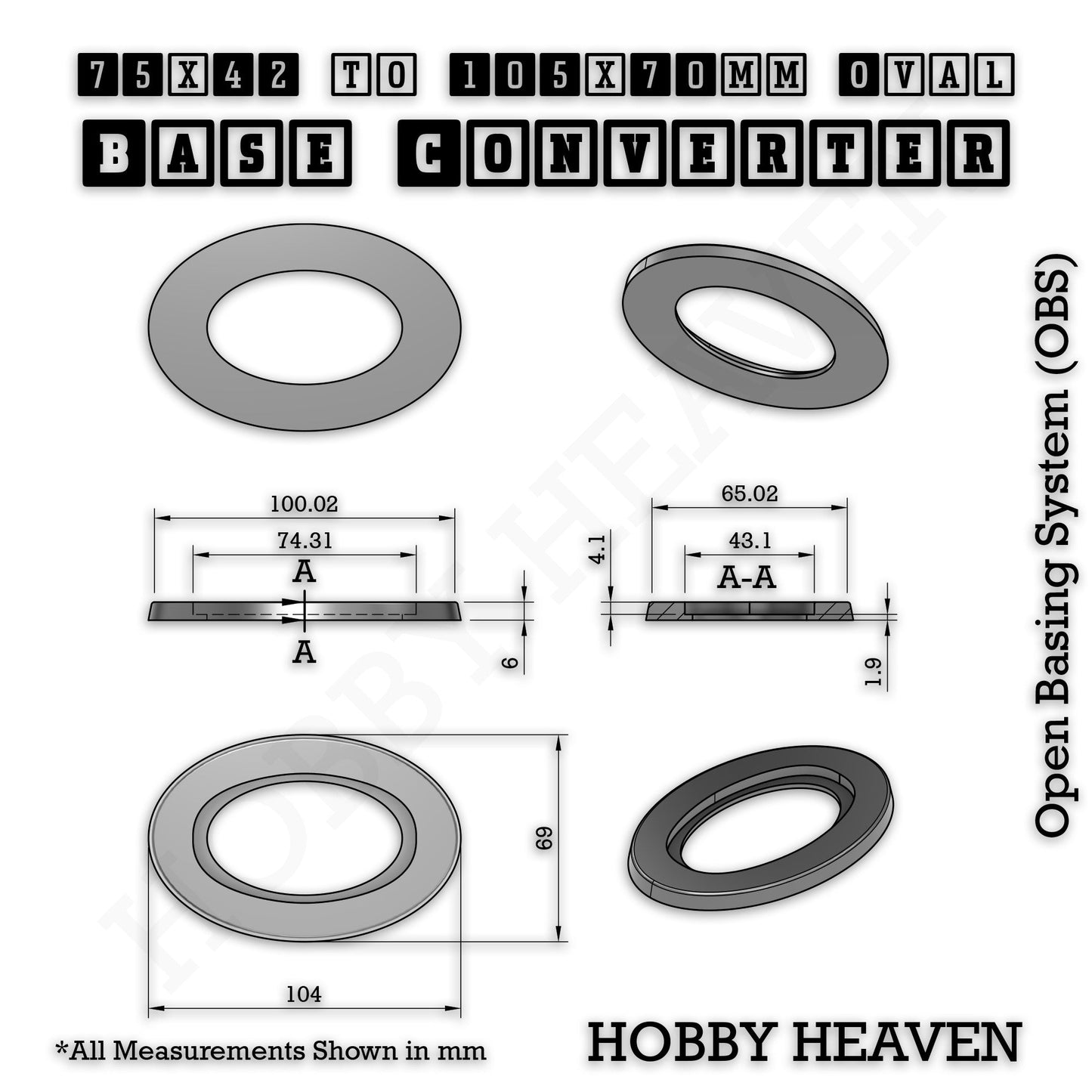 Oval to Oval Bases Size Converters 3D Print Full Range