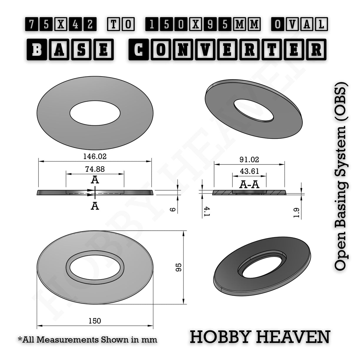Oval to Oval Bases Size Converters 3D Print Full Range