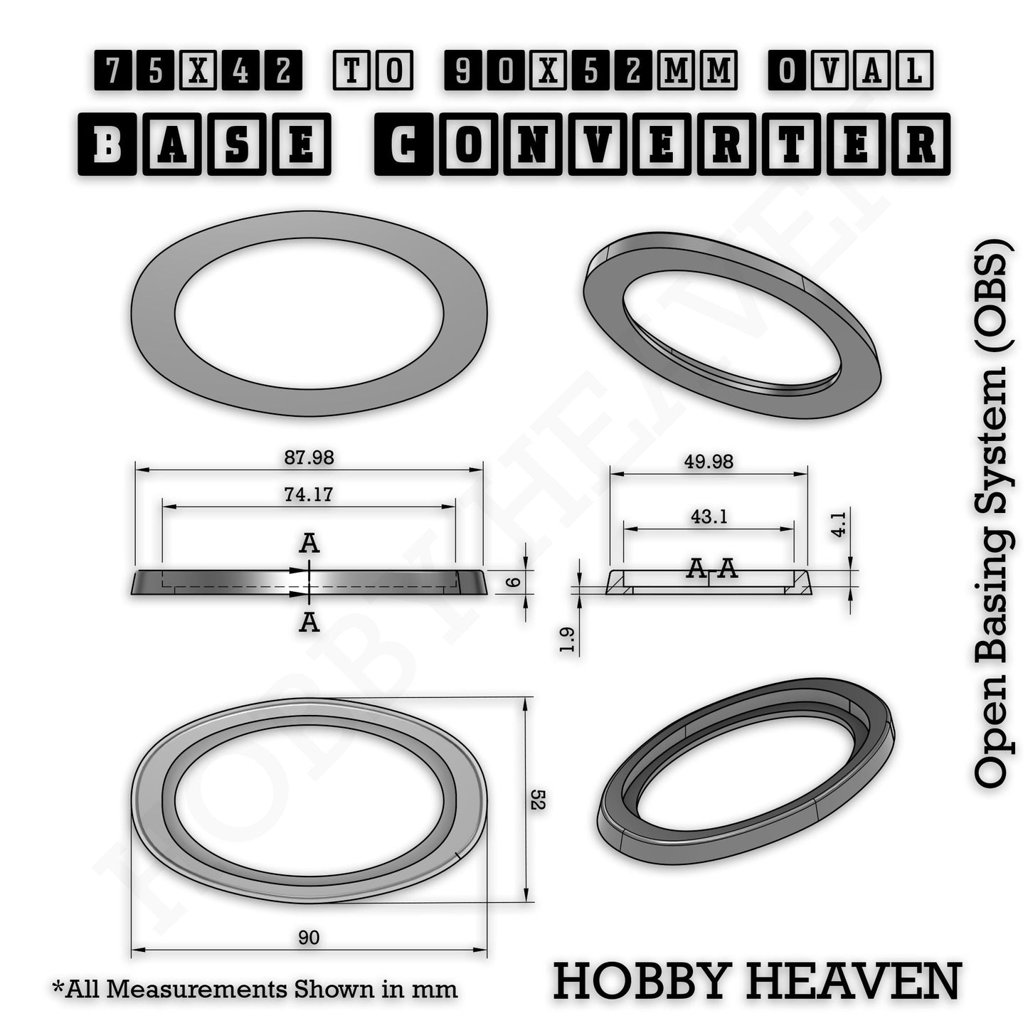 Oval to Oval Bases Size Converters 3D Print Full Range