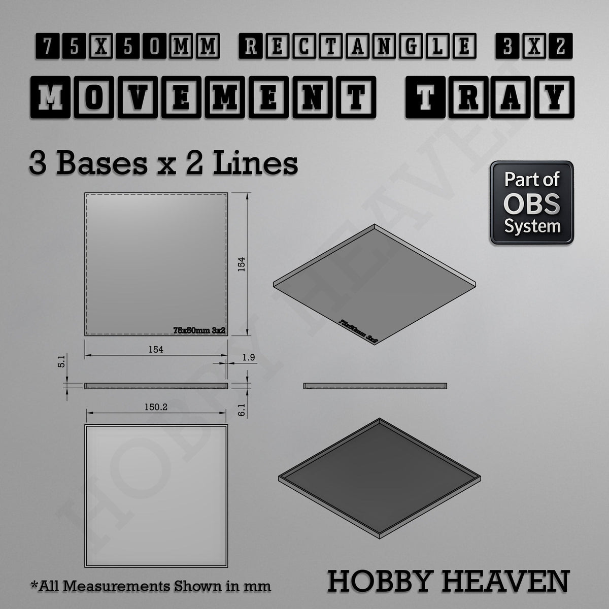 Rectangle Movement Trays | Cavalry & Monsters | 50×25-100×60mm | OBS System
