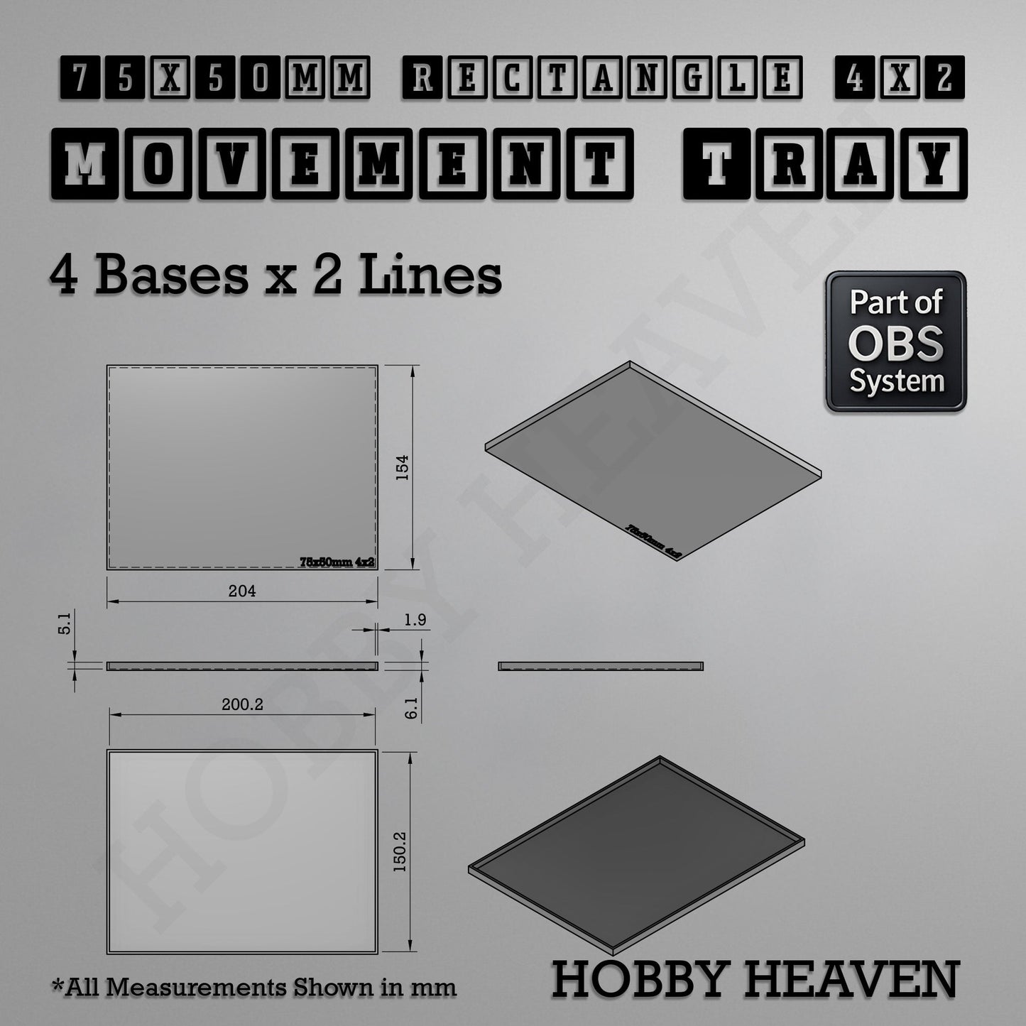 Rectangle Movement Trays | Cavalry & Monsters | 50×25-100×60mm | OBS System
