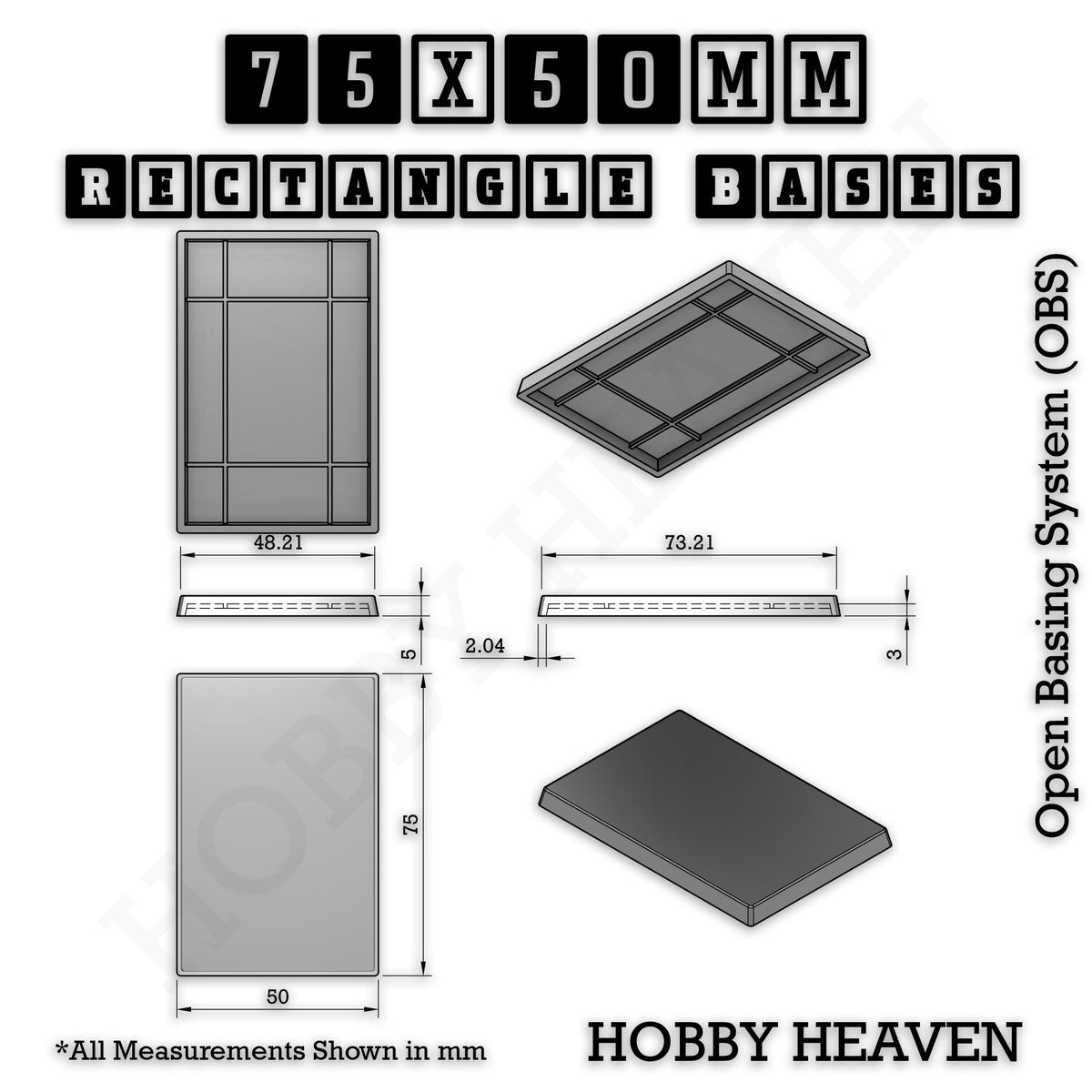 Rectangle Bases Medium Sizes - 75x30mm to 125x40mm and up to 100x90mm Wide - 3D Print Tabletop Games