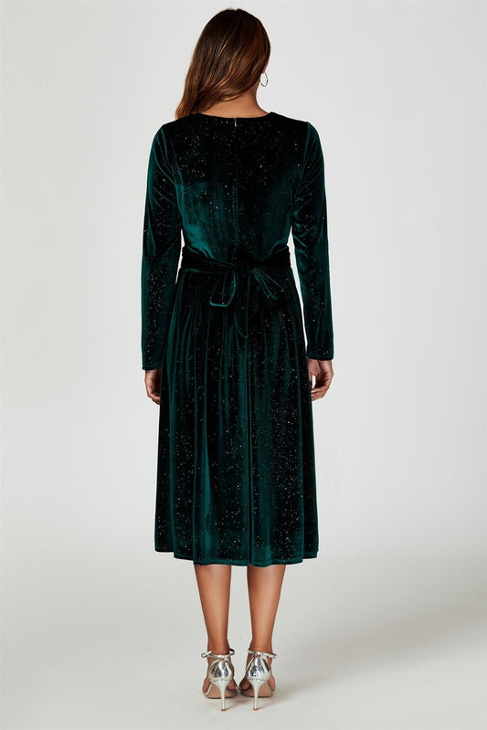 Silver Sparkly Velvet Wrap Top Midi Dress In Green