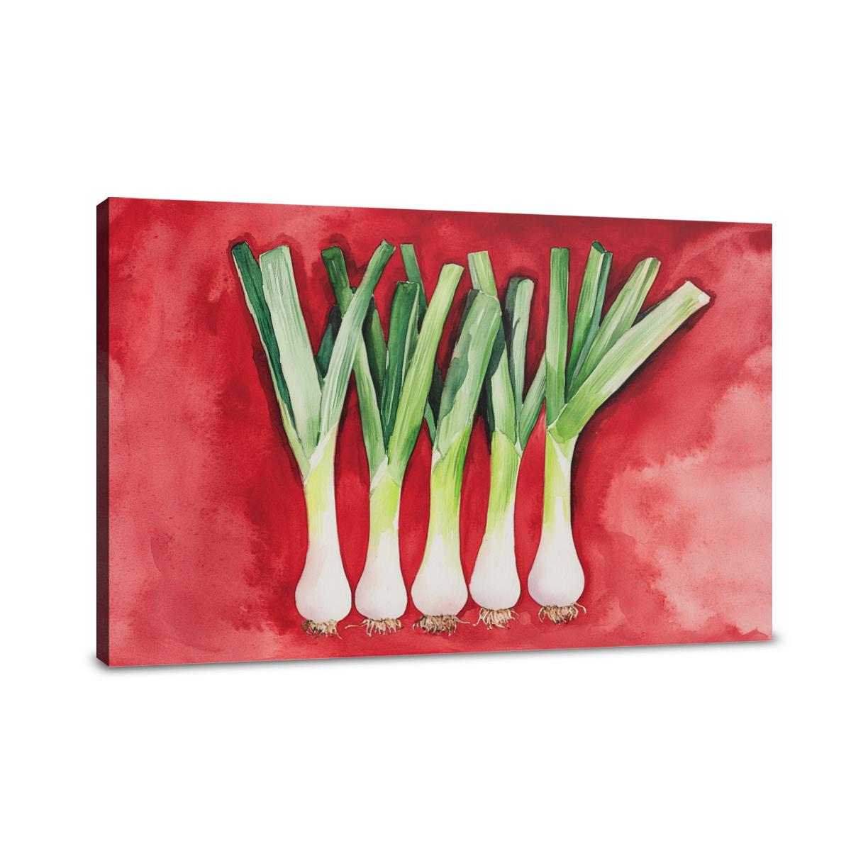 Elegant Leeks on Red Canvas