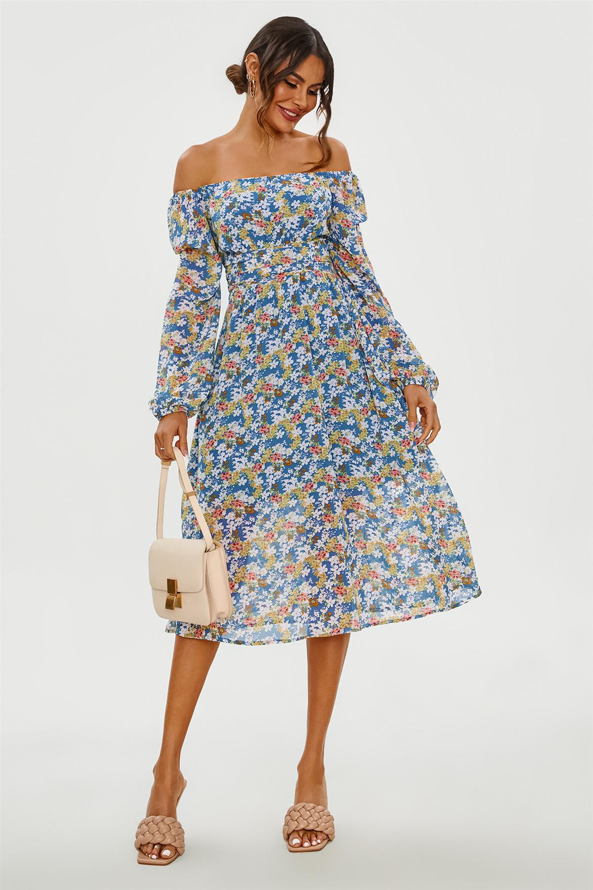 Floral Print Long Sleeve Maxi Dress In Blue