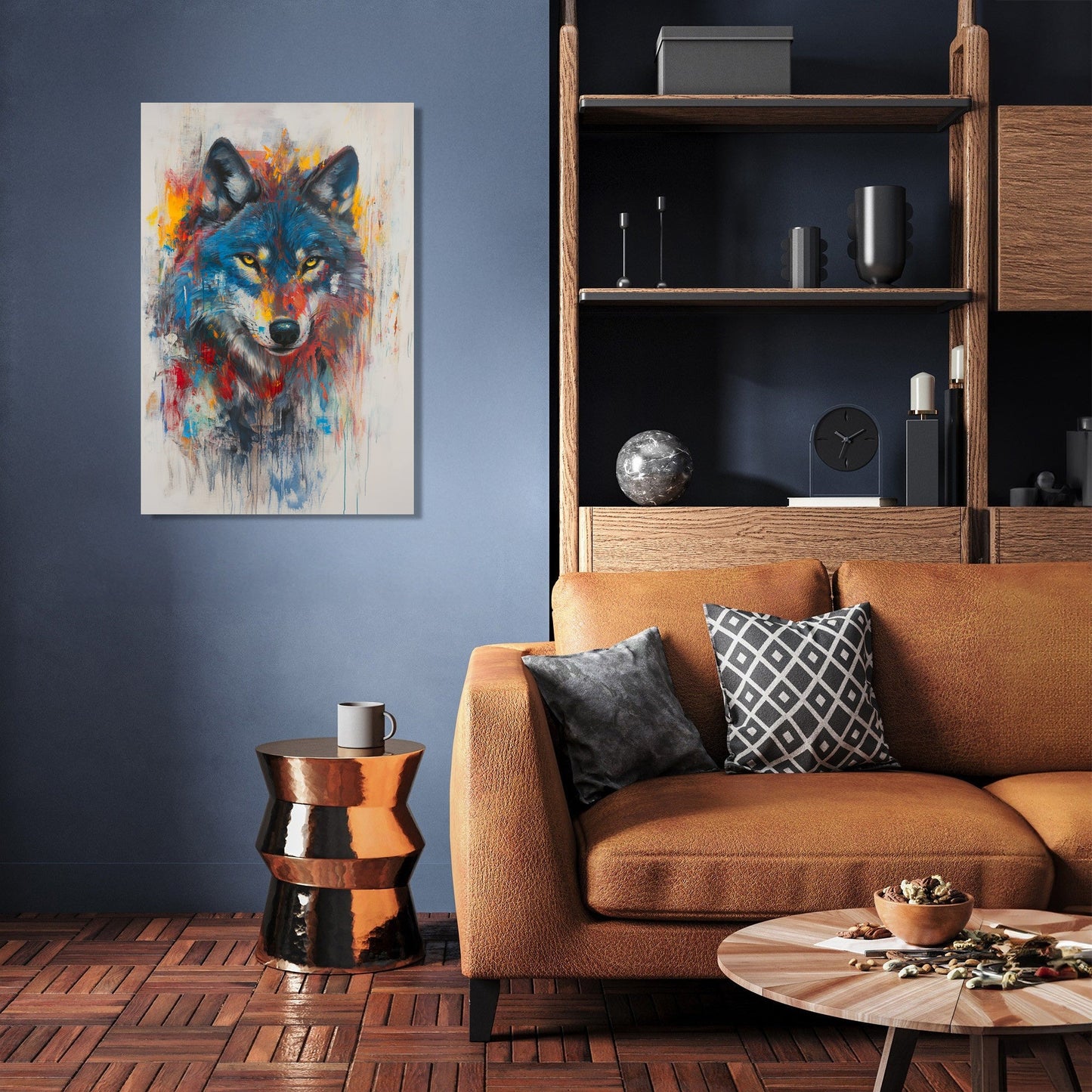 Vibrant Wolf on Grey Canvas