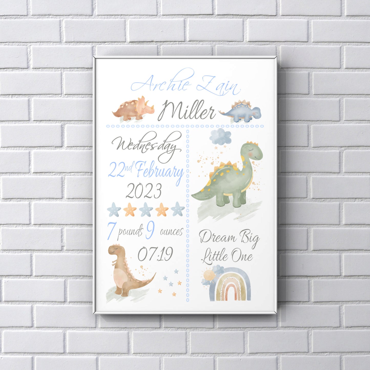 Nursery Art - Personalised dinosaur birth date print for boy